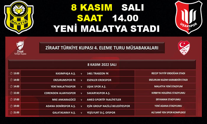 Kupa’da Yeni Malatyaspor 8 Kasım Salı Günü  Uşakspor İle Karşılaşacak<br>