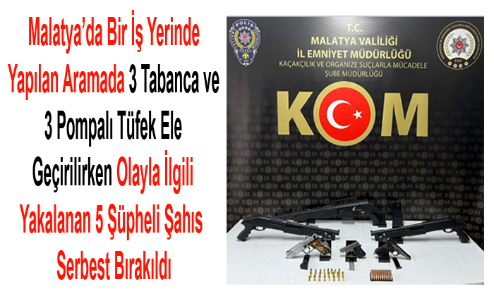Malatya’da Bir İş Yerinde 3 Tabanca ve 3 Pompalı Tüfek Ele Geçirilirdi