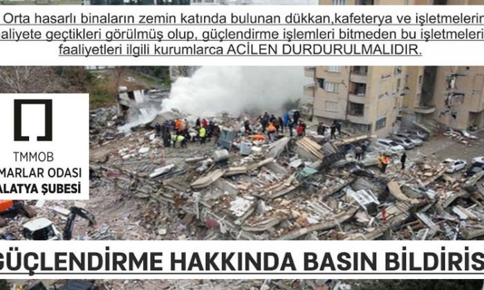 Malatya Mimarlar Odası “Acil Çağrı” Başlığıyla Güçlendirme Uyarısında Bulundu