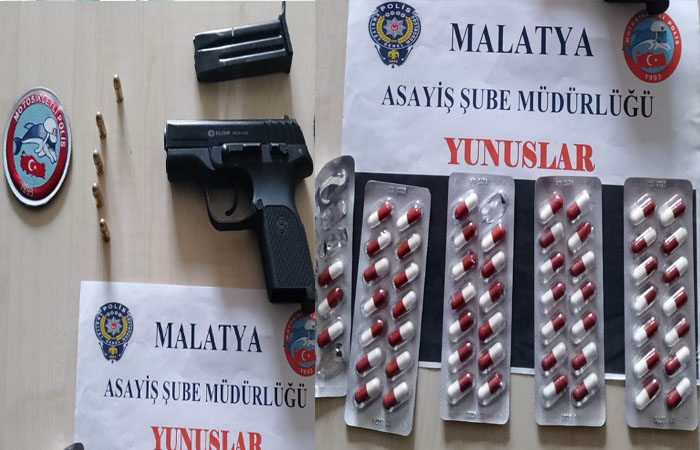 Malatya’da Polis Uygulamada Tabanca ve Uyuşturucu Hap Ele Geçirildi