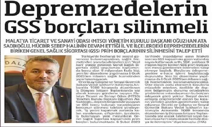 Sadıkoğlu:  Genel Sağlık Sigortası (GSS) prim Borçlarının Silinmesini Talep Etti