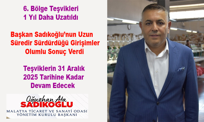 Malatya TSO Başkanı Sadıkoğlu’ndan Müjde; 6. Bölge Teşvikleri 1 Yıl Daha Uzatıldı