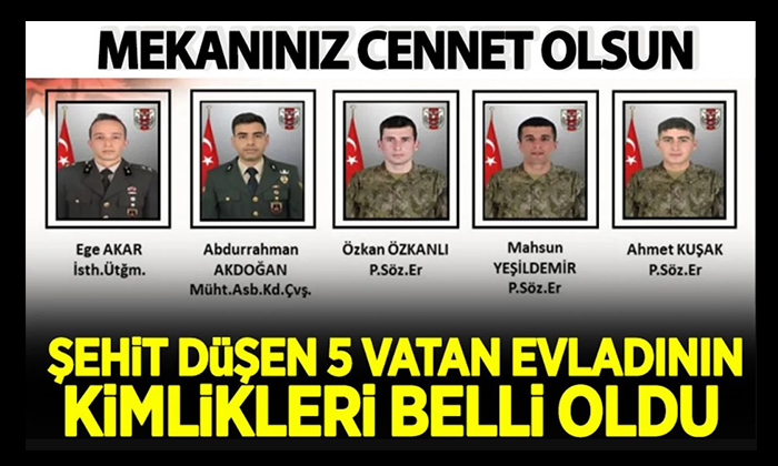 Kuzey Irak’ta Pençe-Kilit Harekât Bölgesinde 5 Askerimiz Metan Gazından Şehit Oldu