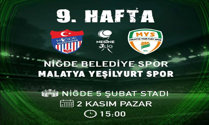 Niğde Belediyespor – Malatya Yeşilyurtspor Maçı 2 Kasım Pazar Günü Saat; 15.00’da Oynanacak